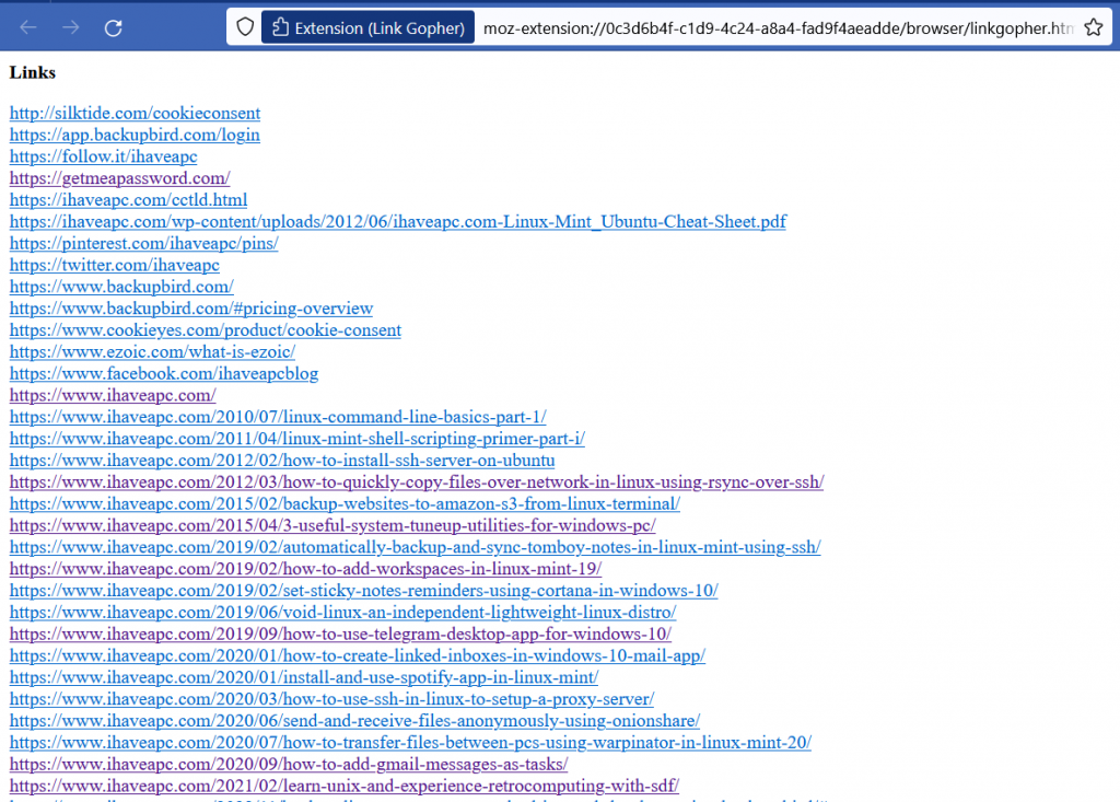 List of extracted URLs by Link Gopher