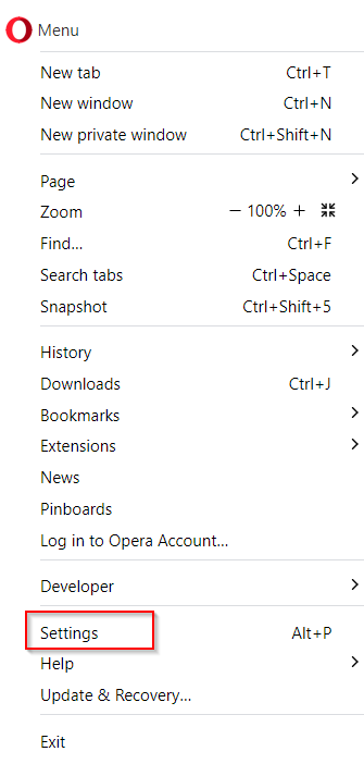 accessing Opera settings