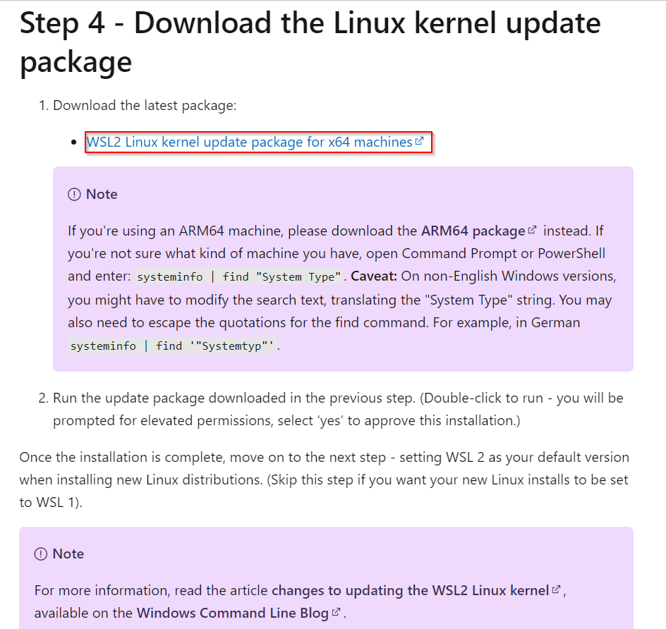 WSL 2 Linux Kernel Update page