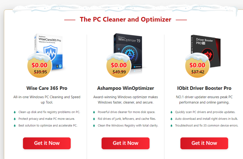 PC cleaner products listed in the giveway