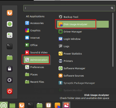 Accessing Disk Usage Analyzer in Linux Mint