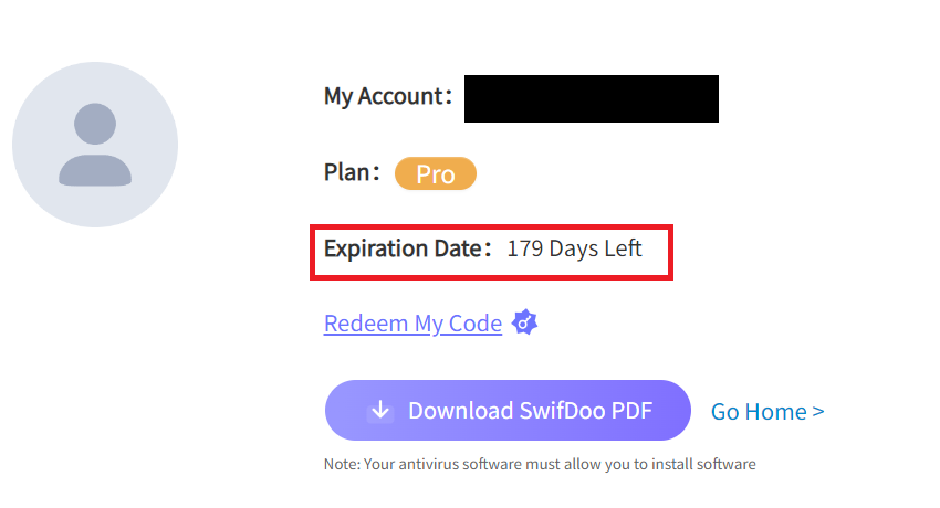 SwifDoo account with the updated license details