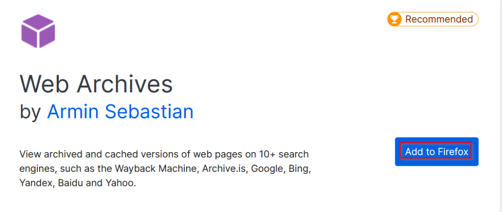 Web Archives add-on page