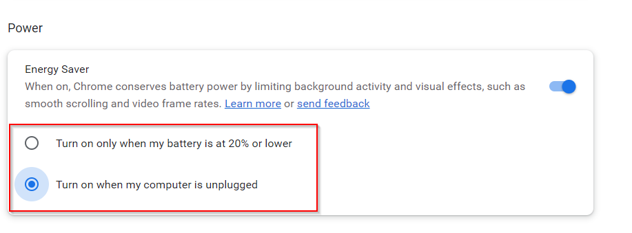 toggle Energy Saver settings in Chrome