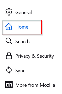 Home settings in Firefox