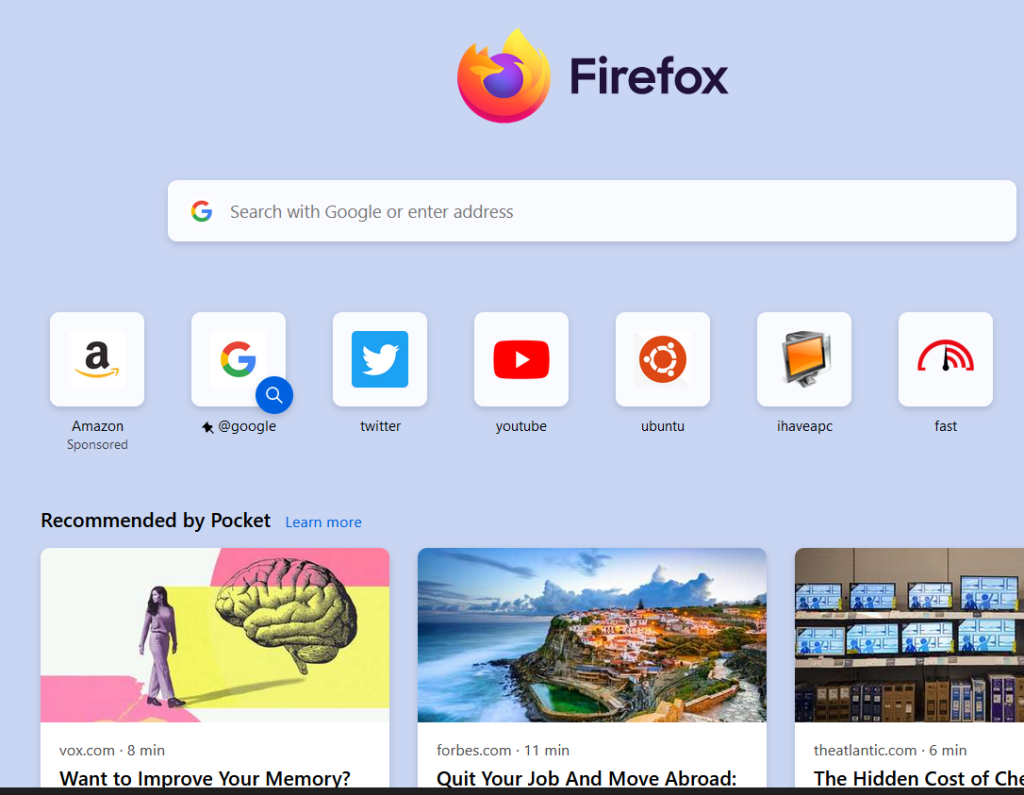 Home tab content in Firefox