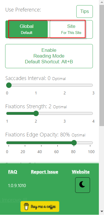 Jiffy Reader has global and site specific settings