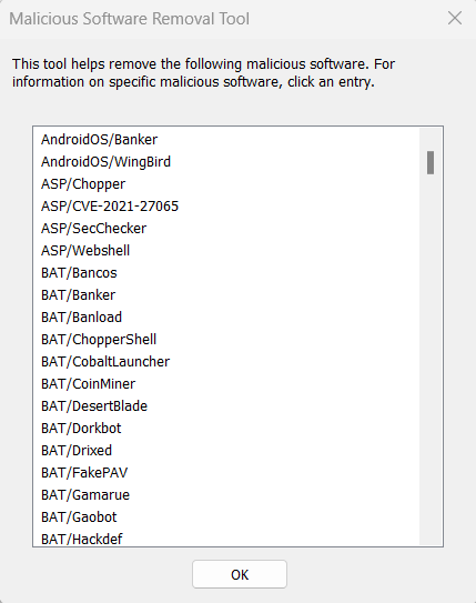 List of malware that can be detected and cleaned up by MSRT