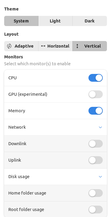 choosing theme, layout and monitors to add and remove in Monitorets