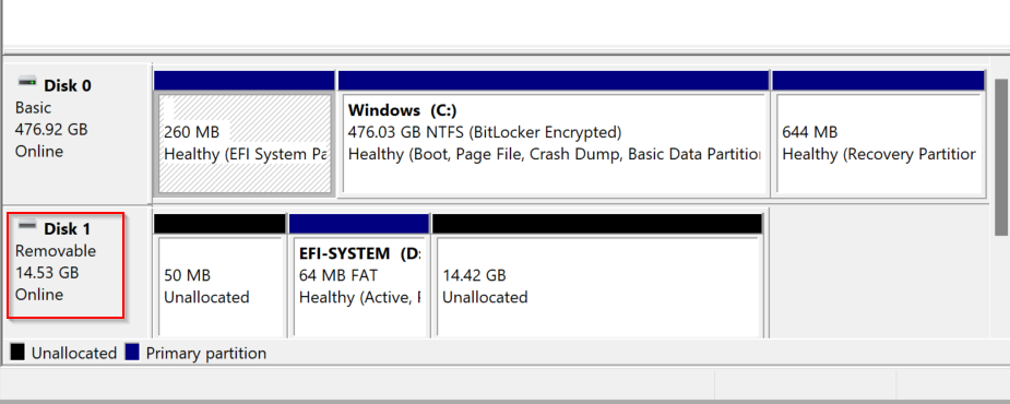 listed drives and partitions in Windows Disk Management