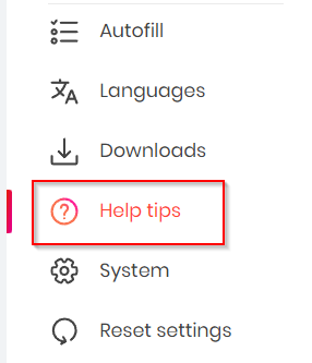 Help tips option in Brave browser