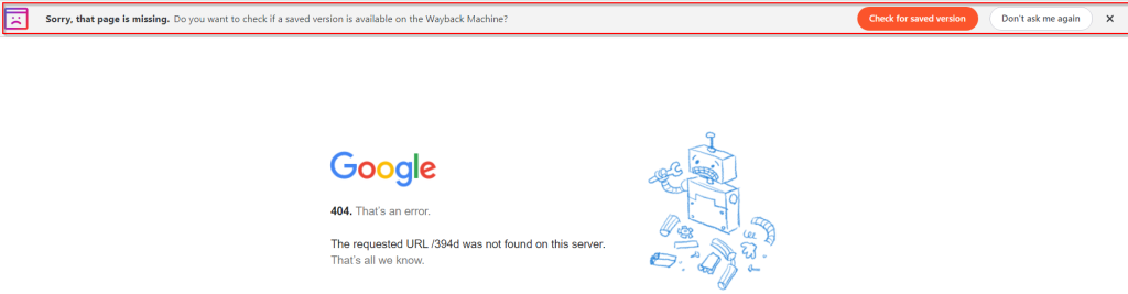 Wayback Machine prompt on 404 pages in Brave browser