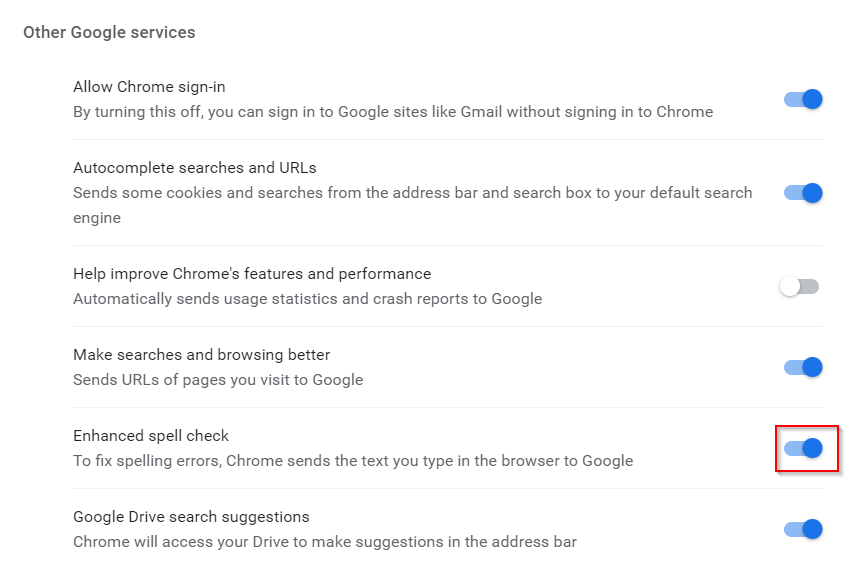 Enhanced spell check can be toggled from Other Google services settings