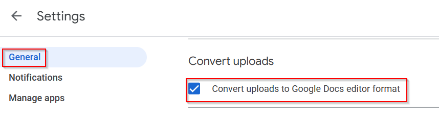 Convert uploads to Google Docs editor format