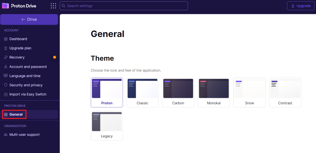 Choosing a theme for Proton Drive