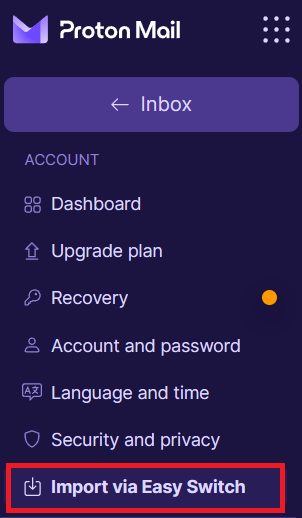 Easy Switch option in Proton Mail 