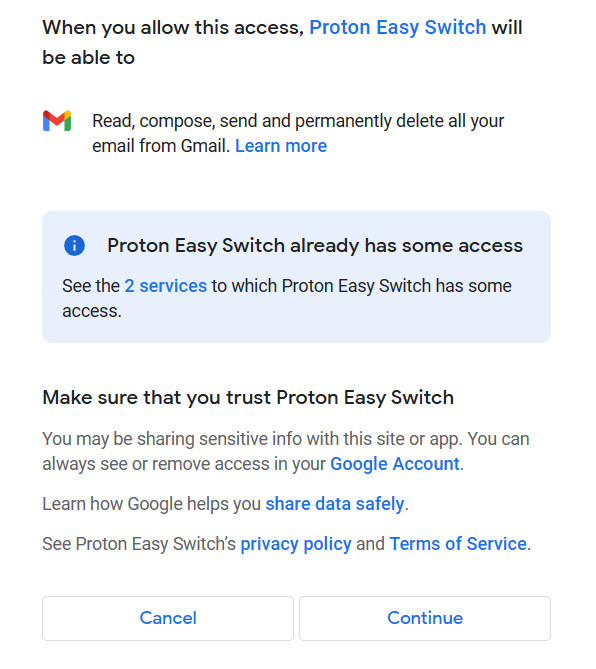 Proceed with migration after Easy Switch connects to Gmail