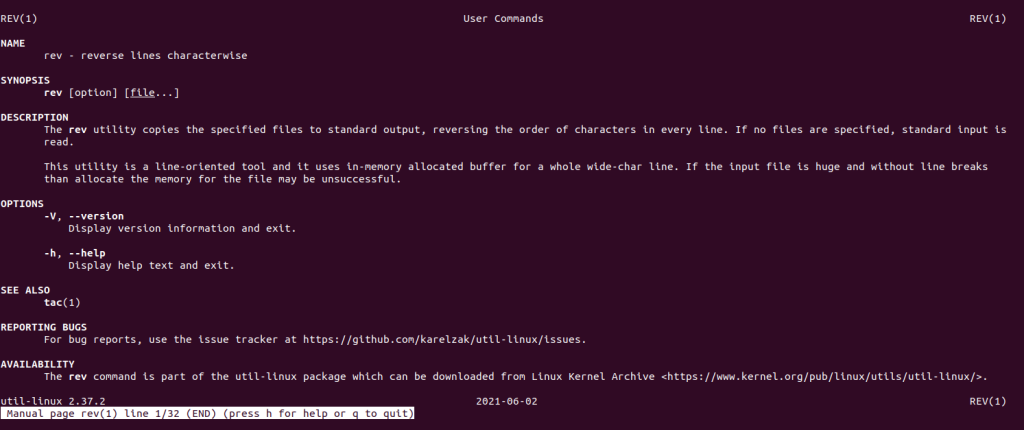 The man page for rev