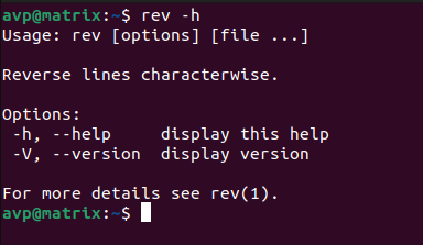 The help parameters in rev command