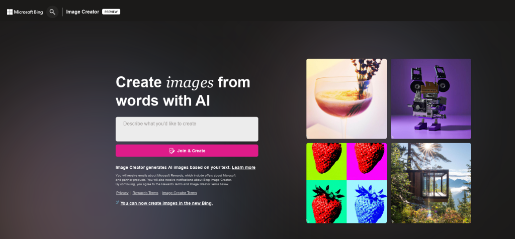 Bing AI Image Creator homepage