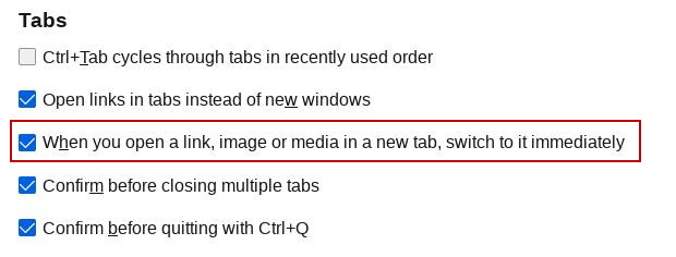 Change the tab settings to switch to the clicked link, image or media file immediately