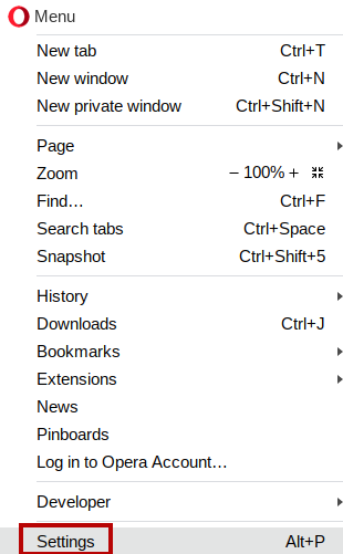 Accessing Opera settings from the menu