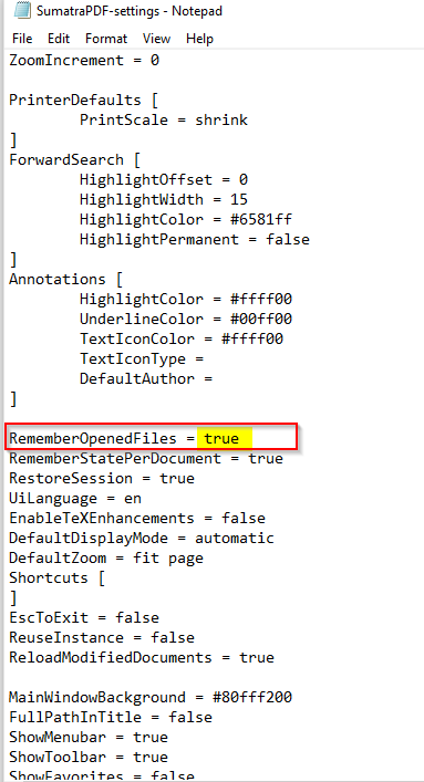 configuration file for advanced options in Sumatra PDF