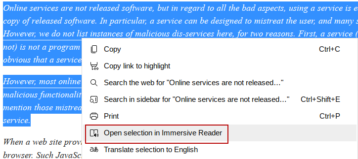 Choosing Immersive Reader 