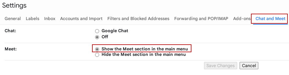 Toggle Google Meet in Gmail