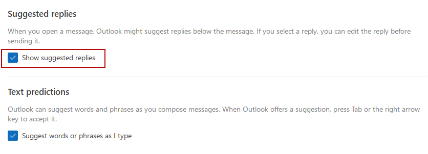 Toggle on/off suggested replies in  Outlook for web