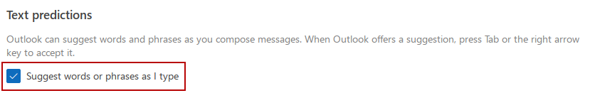 Toggle on/off text predictions in  Outlook for web