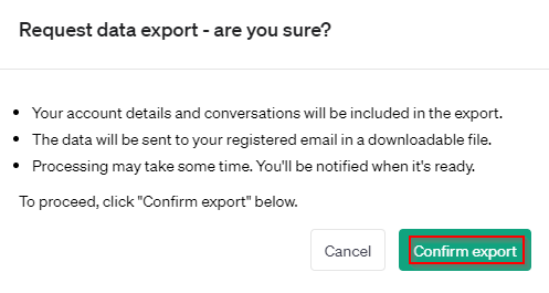 Confirm data export for ChatGPT