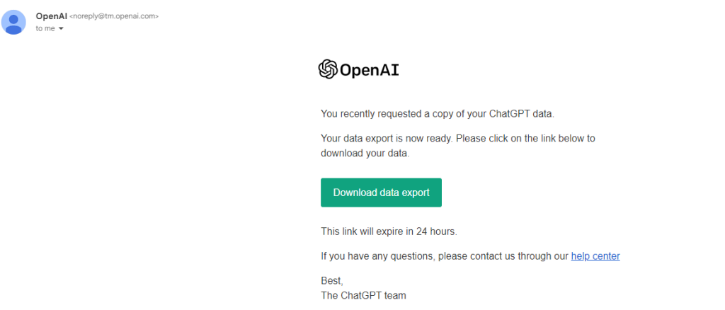 email that has the download link for ChatGPT data