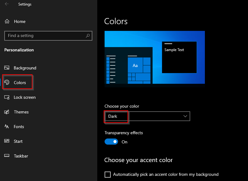 Enable dark mode for Windows 10