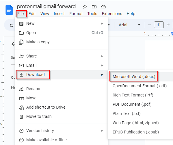 Convert a single Google Docs document to Microsoft Word