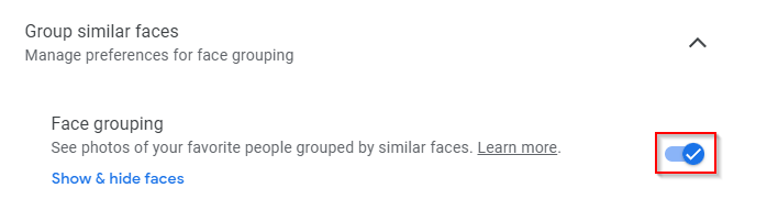 Toggle face grouping in Google Photos