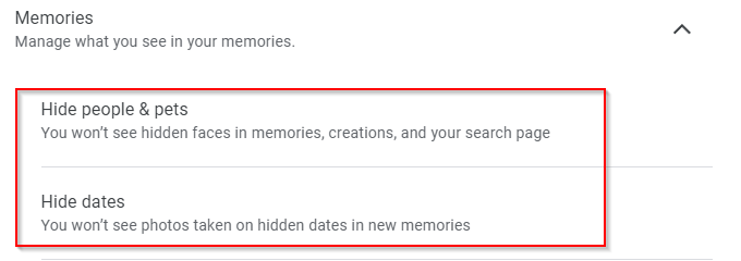 Hide various types of memories and exclude dates