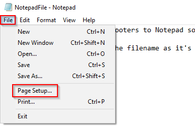 Open Page Setup for Notepad