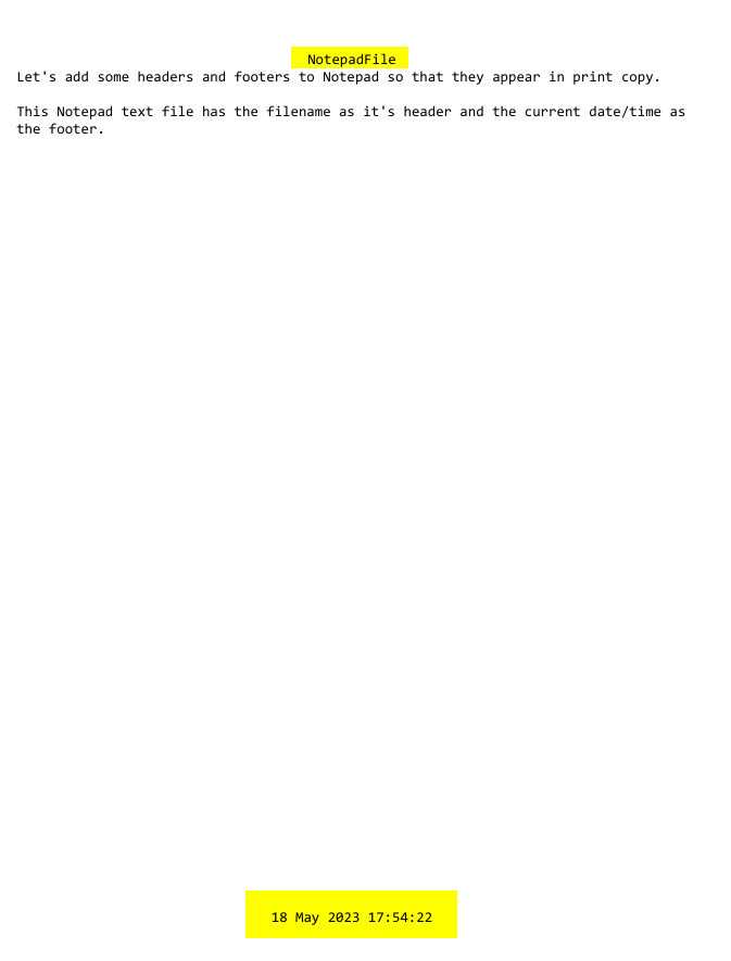 Header and Footer values printed for Notepad file