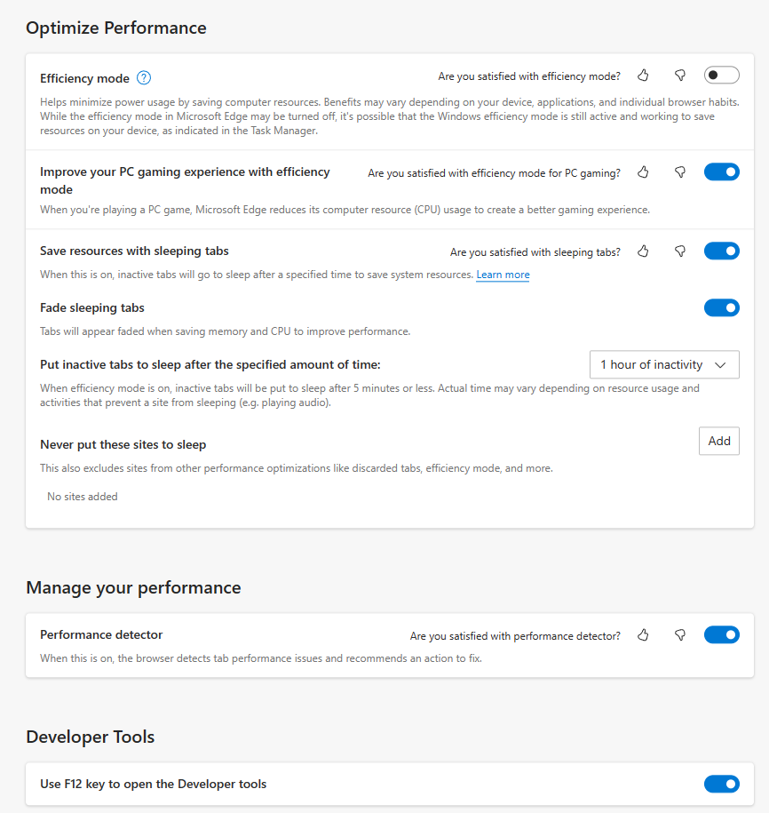 Edge performance settings 