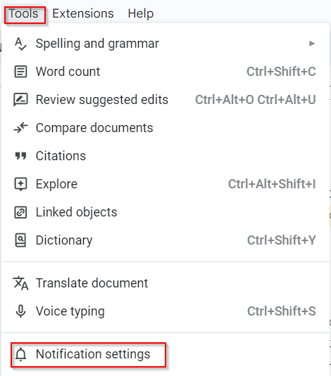 Accessing notification settings in Google Docs