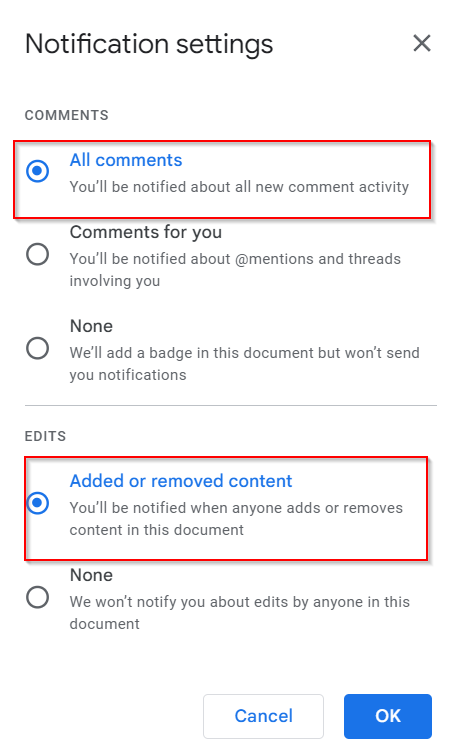 Change notification settings for comments and edits in Google Docs