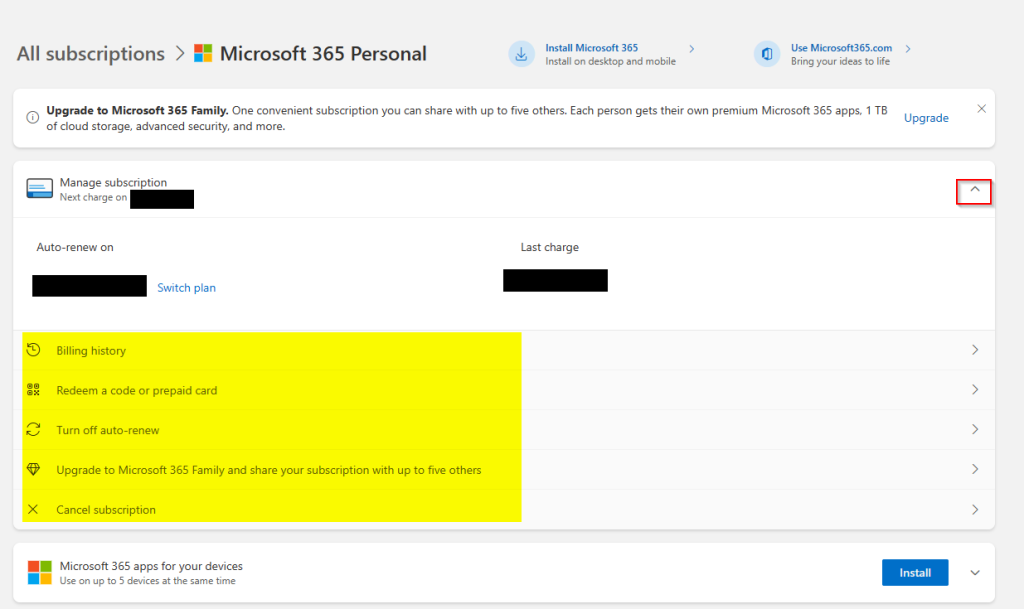 Change various subscription settings for Microsoft 365 Personal