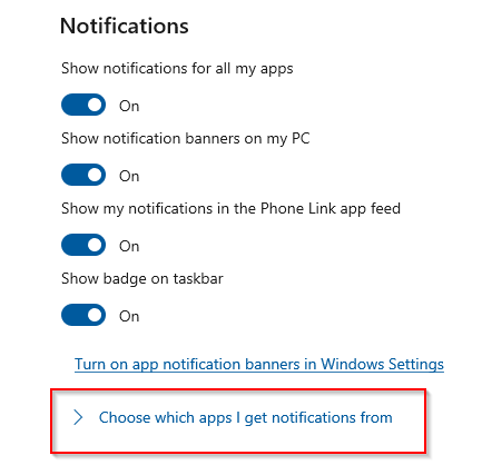 Notifications section in Phone Link 