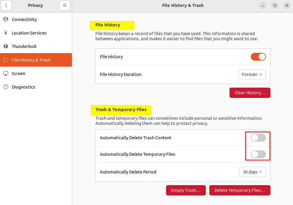  Ubuntu 22.04 File History and Trash default settings