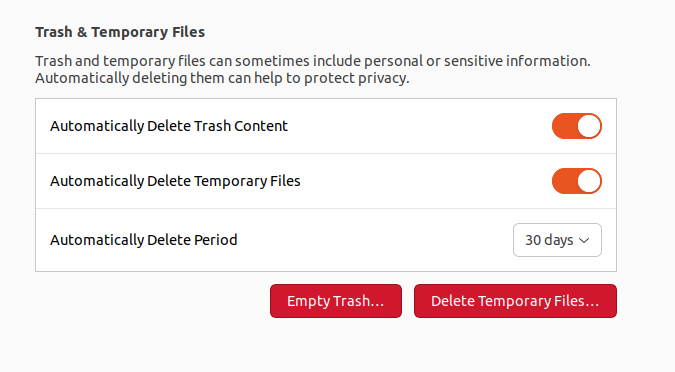 Trash and temporary files settings in  Ubuntu 22.04