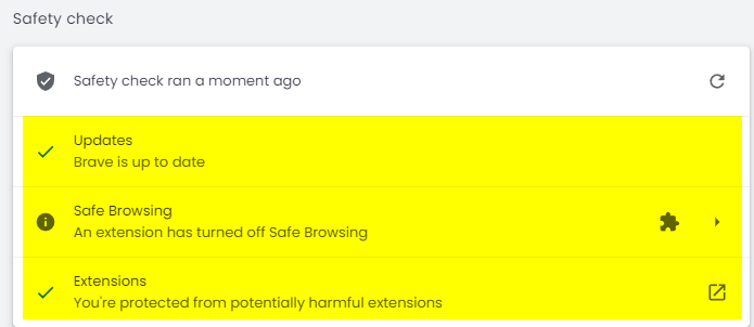 A series of safety checks is performed by Brave browser