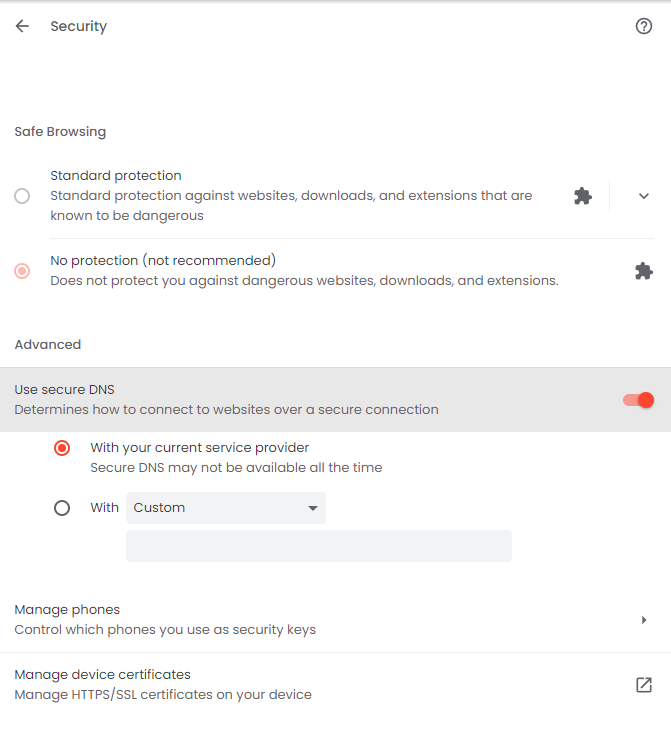 Safe browsing settings in Brave browser