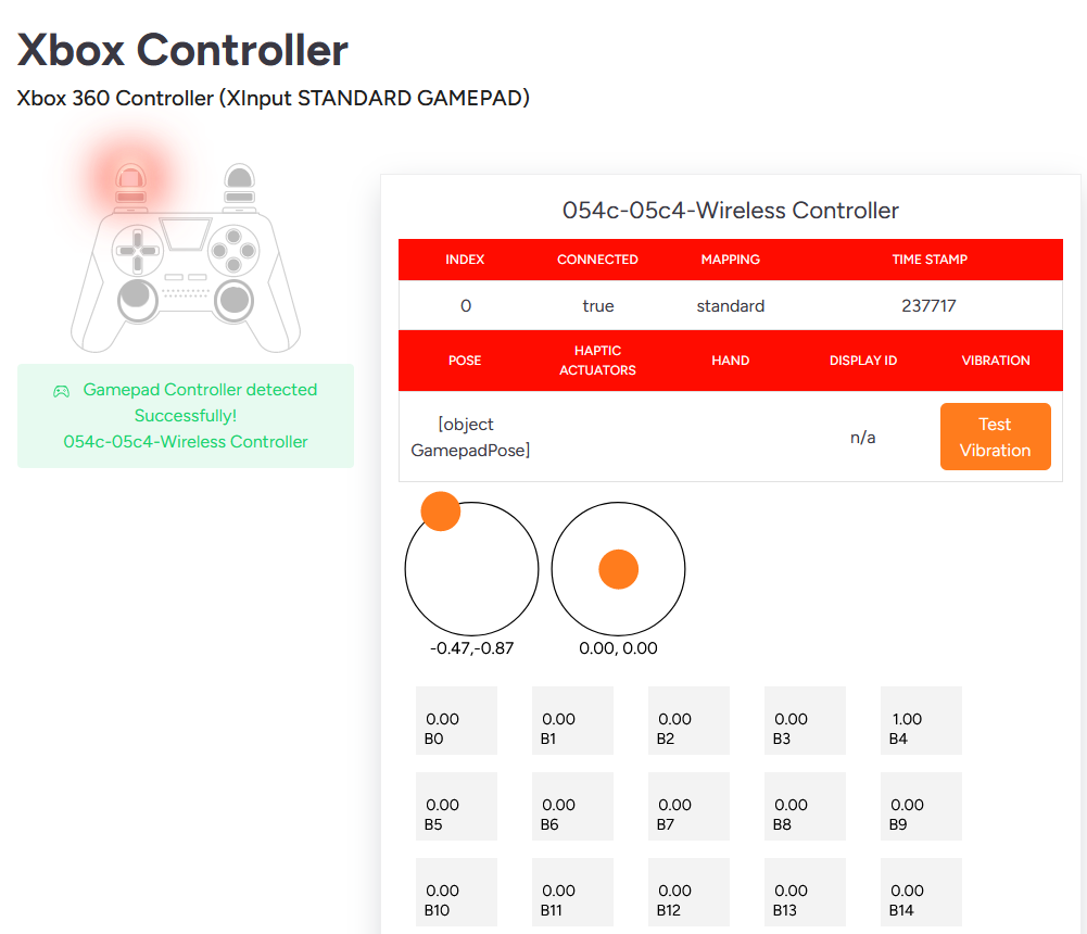 button values for the controller being tested