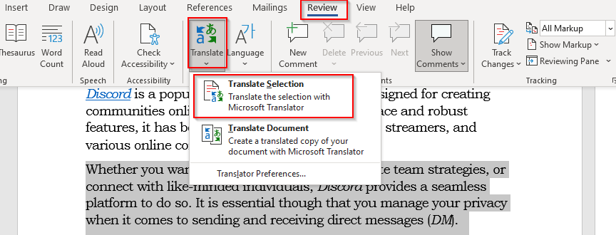 Translate feature for Word desktop app